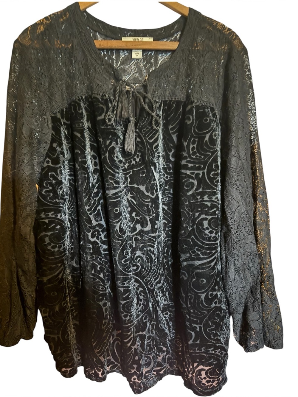 Vintage America blues velour black burnout lace sleeve peasant boho womens 3xl
